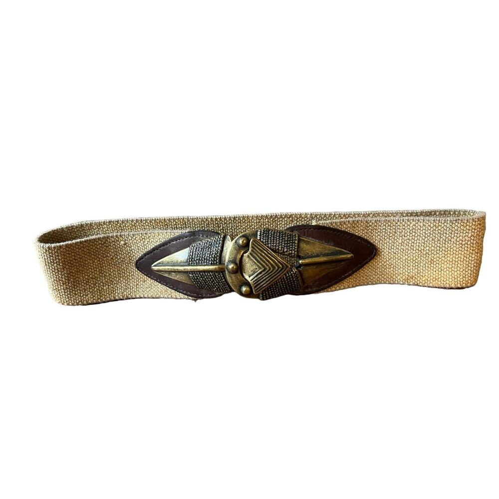 Vintage Omega Spear Head Metal Arrow Leather Trim Statement Stretch Belt